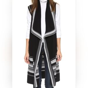 Vince. XXS Black & White Fair Isle Draped Open Front Sleeveless Cardigan Vest